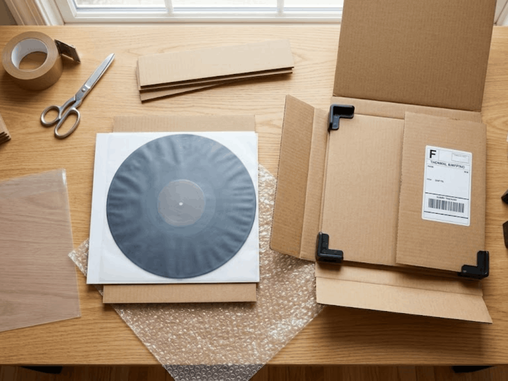 Vinyl record securely packed inside a cardboard LP mailer with protective sleeves and shipping materials ready for mailing.