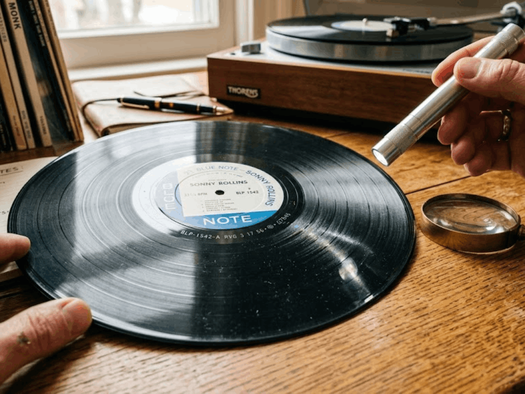 Collector using a flashlight to read matrix numbers in the dead wax of a vinyl record.
